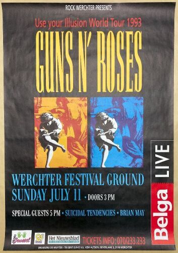 1993 Guns N' Roses Suicidal Tendencies Brian May Werchter Festival Grounds Belgium Poster Near Mint 83