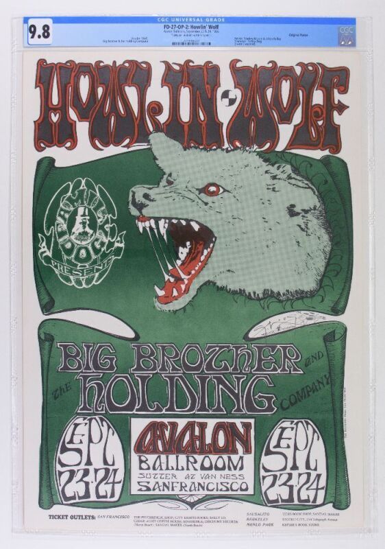 1966 FD-27 Howlin' Wolf Big Brother Avalon Ballroom Signed Mouse Poster CGC 9.8