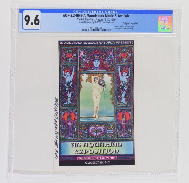 1969 AOR-3.2 David Byrd Woodstock Festival Wallkill New York Signed Byrd Handbill CGC 9.6