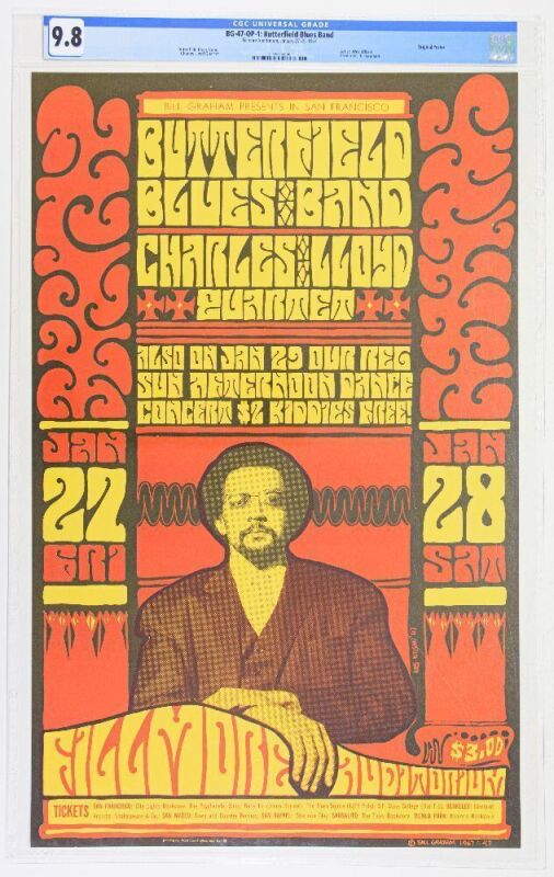 1967 BG-47 Butterfield Blues Band Charles Lloyd Quartet Fillmore Auditorium Poster CGC 9.8