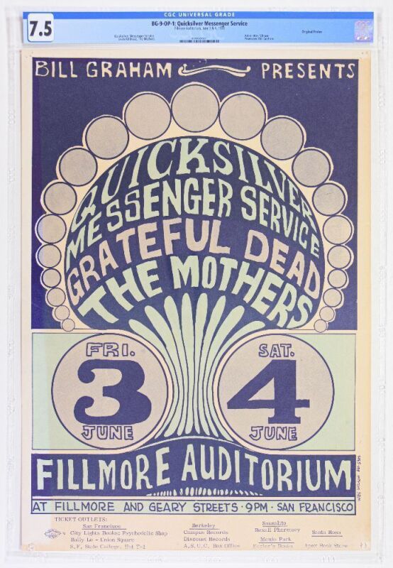 1966 BG-9 Grateful Dead Zappa The Mothers Fillmore Auditorium Poster CGC 7.5