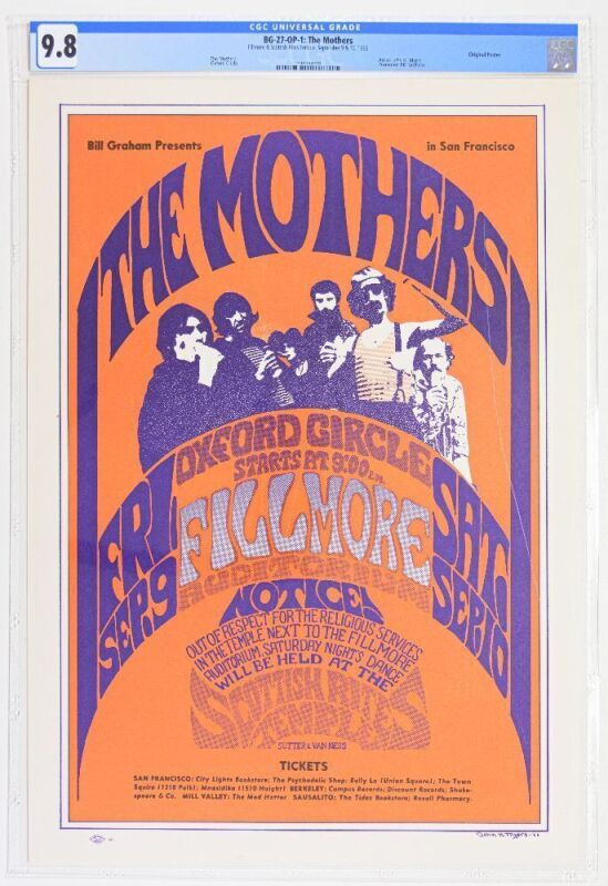 1966 BG-27 Frank Zappa The Mothers Fillmore Auditorium Poster CGC 9.8