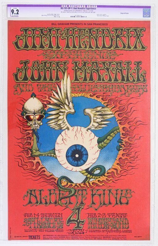 1968 BG-105 Jimi Hendrix Winterland & Fillmore Auditorium First Printing Poster CGC 9.2 RESTORED