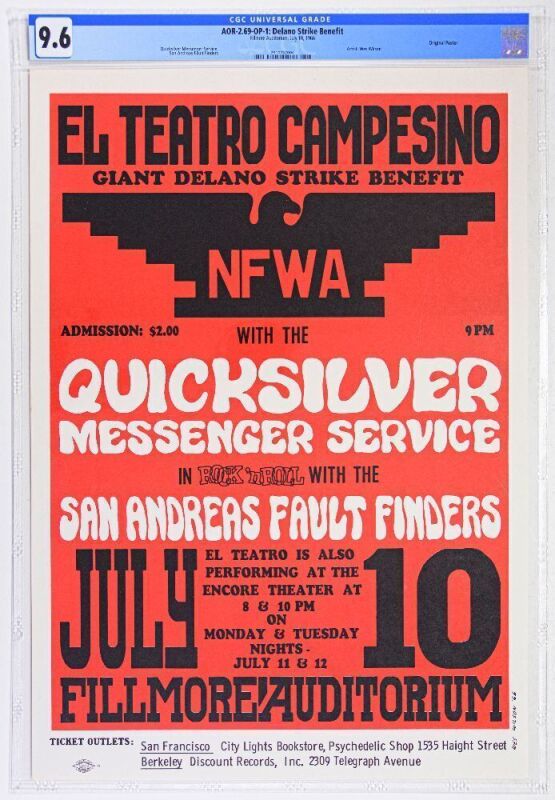 1966 AOR-2.69 Wes Wilson Delano Strike Benefit Quicksilver Messenger Service Fillmore Auditorium Poster CGC 9.6