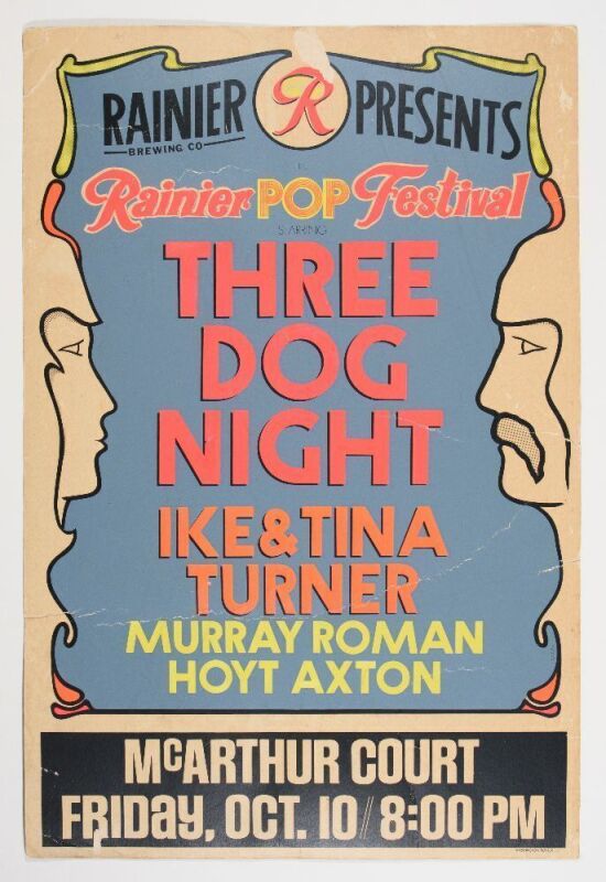1969 Three Dog Night Ike & Tina Turner The Rainier Pop Festival McArthur Court Eugene Cardboard Blacklight Poster Extra Fine 61