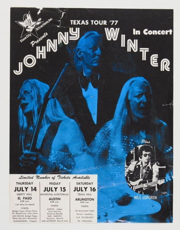 1977 Johnny Winter Liberty Hall El Paso Municipal Auditorium Austin Texas Hall Arlington Handbill Fine 59
