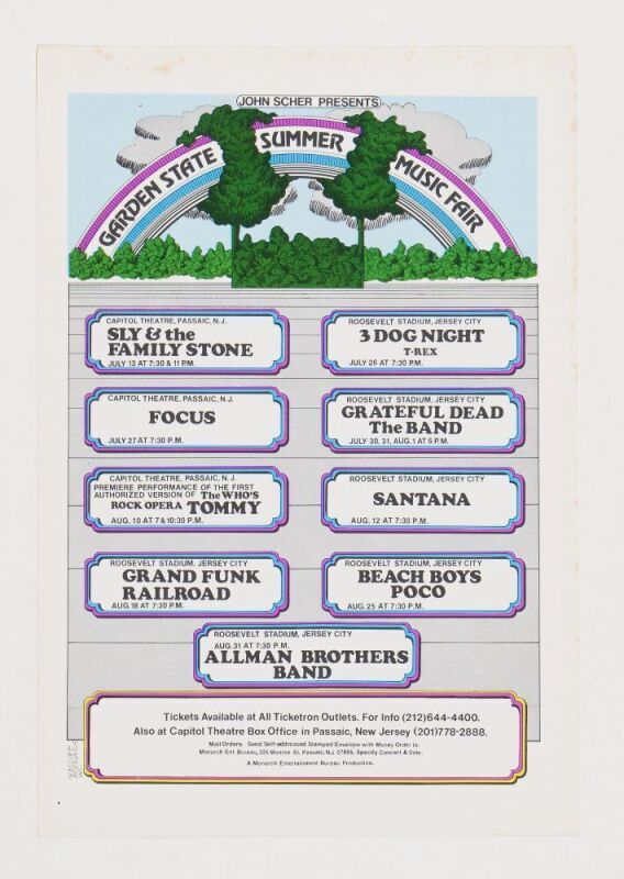 1973 Grateful Dead Allman Brothers The Band The Garden State Summer Calendar Postcard Near Mint 81