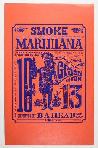 1969 Smoke Marijuana Grass is Fun Wendell Graphics Headshop Poster Excellent 79