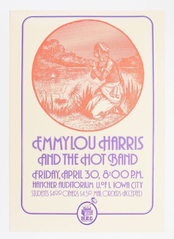 1976 Emmylou Harris & The Hot Band Hancher Auditorium University of Iowa Poster Near Mint 85