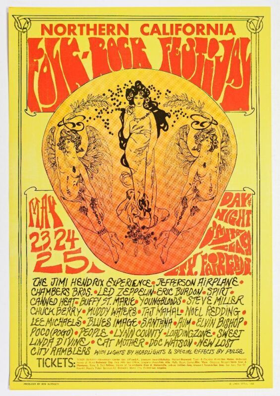 1969 Jimi Hendrix Jefferson Airplane Chuck Berry Northern California Folk Rock Festival Poster Near Mint 87