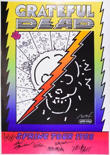 1988 Peter Max Grateful Dead Spring Tour Signed Jerry Garcia Brent Mydland Phil Lesh Bill Kreutzmann Bob Weir Mickey Hart Peter Max Poster Near Mint 87