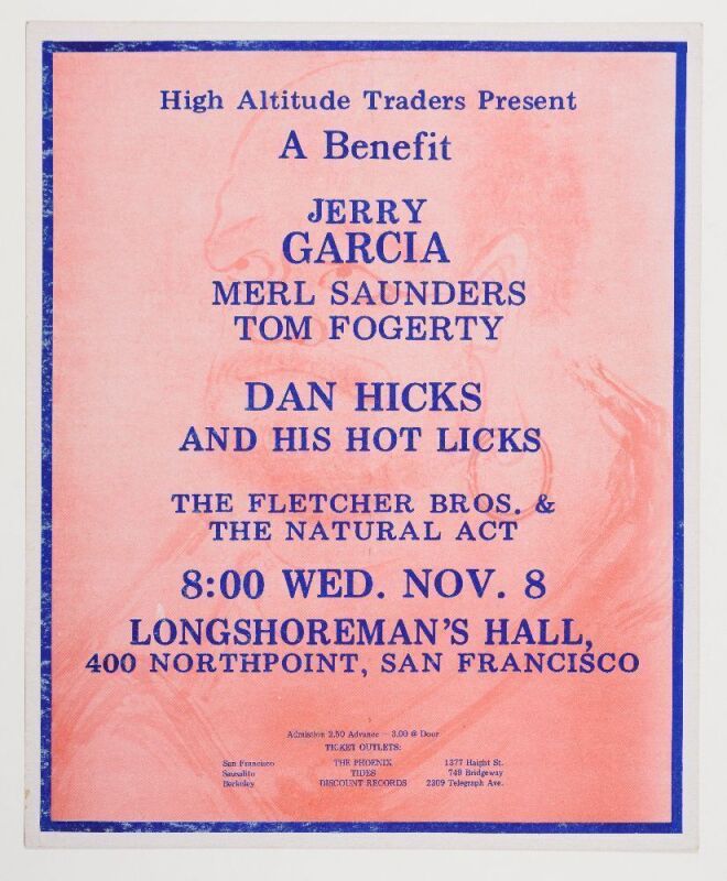 1972 Jerry Garcia Merl Saunders Tom Fogerty Longshoreman's Hall Benefit Cardboard Poster Near Mint 87