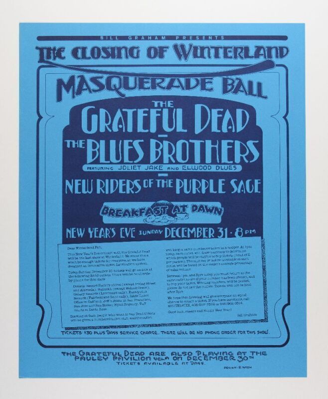 1978 Randy Tuten Grateful Dead Blues Brothers Closing of Winterland Poster Near Mint 87