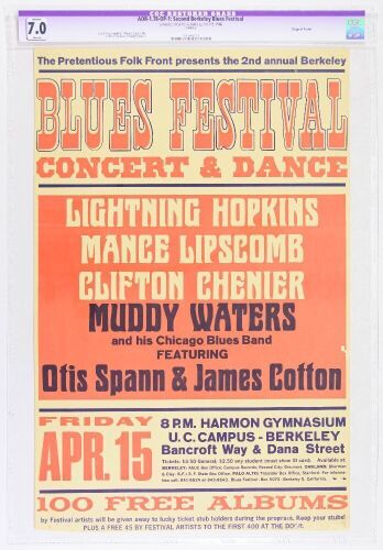 1966 AOR-1.78 Muddy Waters Lightning Hopkins Harmon Gymnasium Berkeley Poster CGC 7.0 TRIMMED