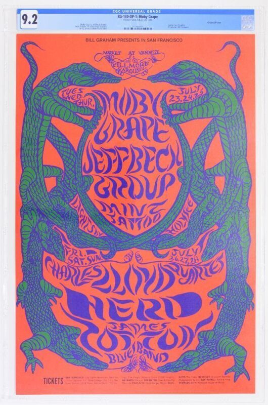 1968 BG-130 Moby Grape Jeff Beck Group Fillmore West Poster CGC 9.2