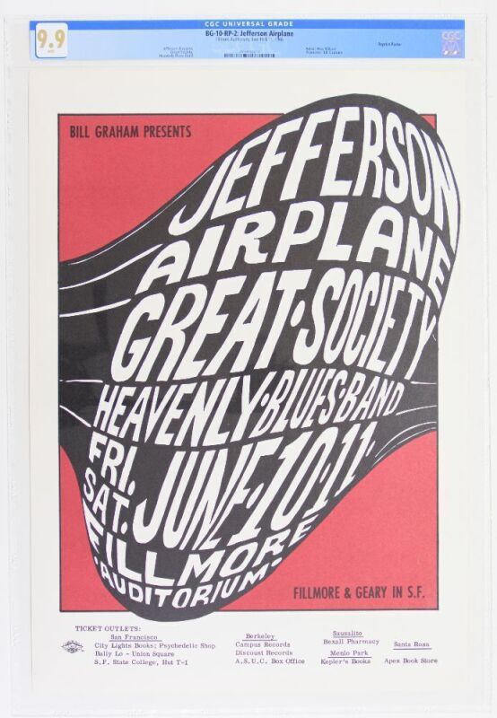 1966 BG-10 Jefferson Airplane Great Society Fillmore Auditorium RP2 Poster CGC 9.9