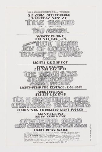 1971 Grateful Dead The Band The Beach Boys S.F. Civic Auditorium & Winterland Calendar Handbill Near Mint 81