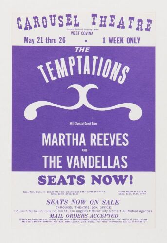 1968 The Temptations Martha Reeves The Vandellas Carousel Theatre West Covina Handbill Mint 95