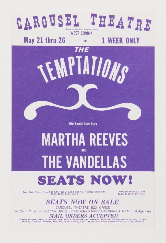 1968 The Temptations Martha Reeves The Vandellas Carousel Theatre West Covina Handbill Mint 95