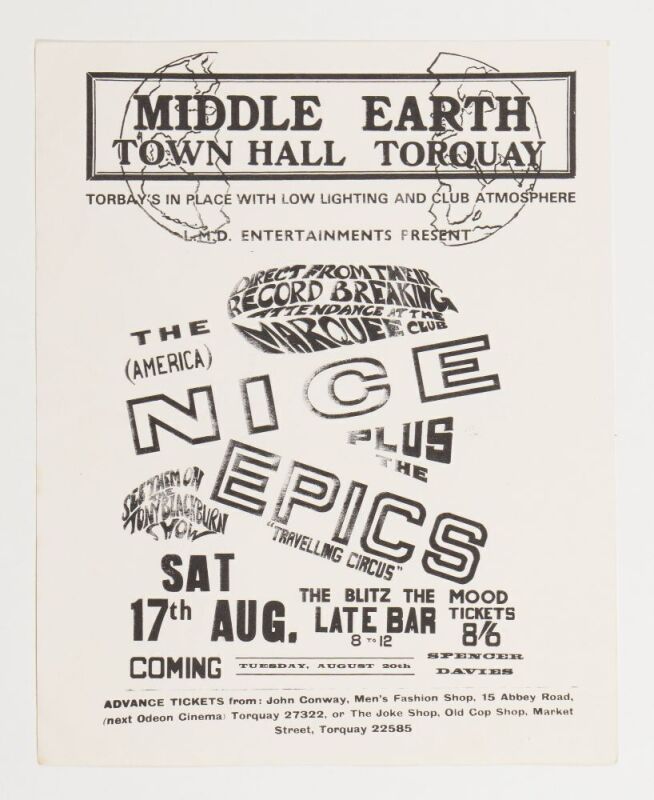 1968 The Nice Keith Emerson The Epics Town Hall Torquay Handbill Near Mint 83