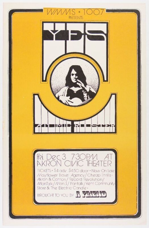 1971 Yes Akron Civic Theater Cardboard Poster Near Mint 89