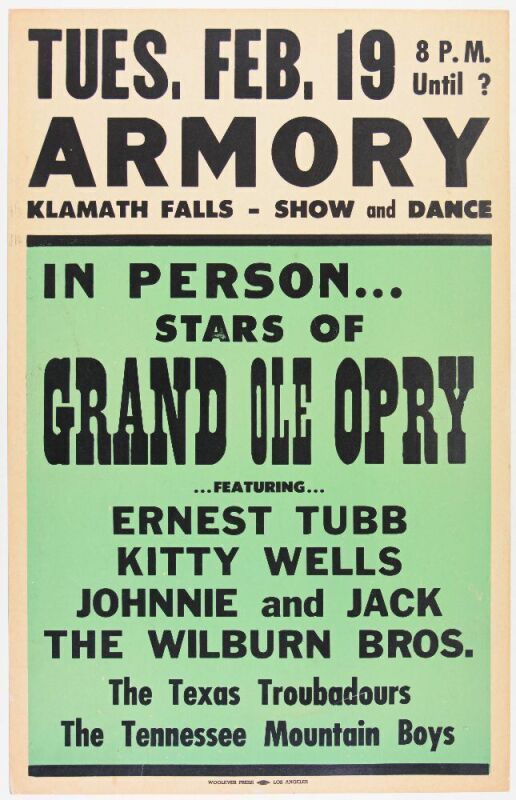 1963 Ernest Tubb Kitty Wells Klamath Falls Armory Cardboard Poster Excellent 79