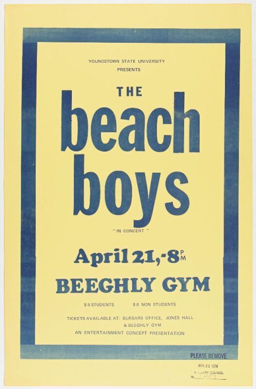 1974 The Beach Boys Beeghly Gym Youngstown University Poster Excellent 79