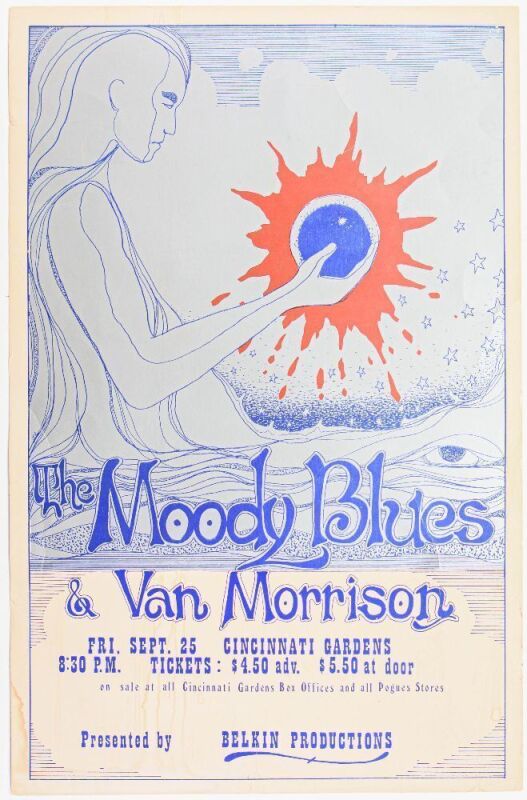 1970 Moody Blues Van Morrison Cincinnati Gardens Poster Extra Fine 65