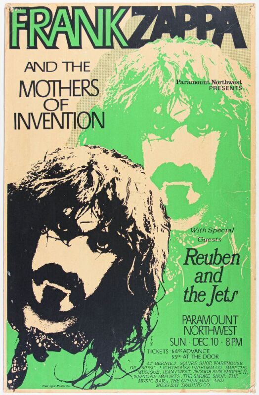 1972 Frank Zappa & The Mothers of Invention Paramount Northwest Seattle Cardboard Poster Extra Fine 67