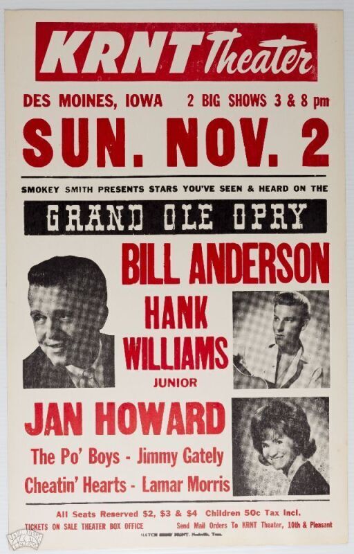 1969 Bill Anderson Hank Williams JR The KRNT Theater Des Moines Cardboard Hatch Poster Near Mint 85