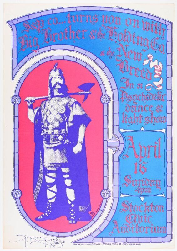 1967 AOR-3.22 Big Brother Janis Joplin Stockton Civic Auditorium Signed Mouse Poster Excellent 75