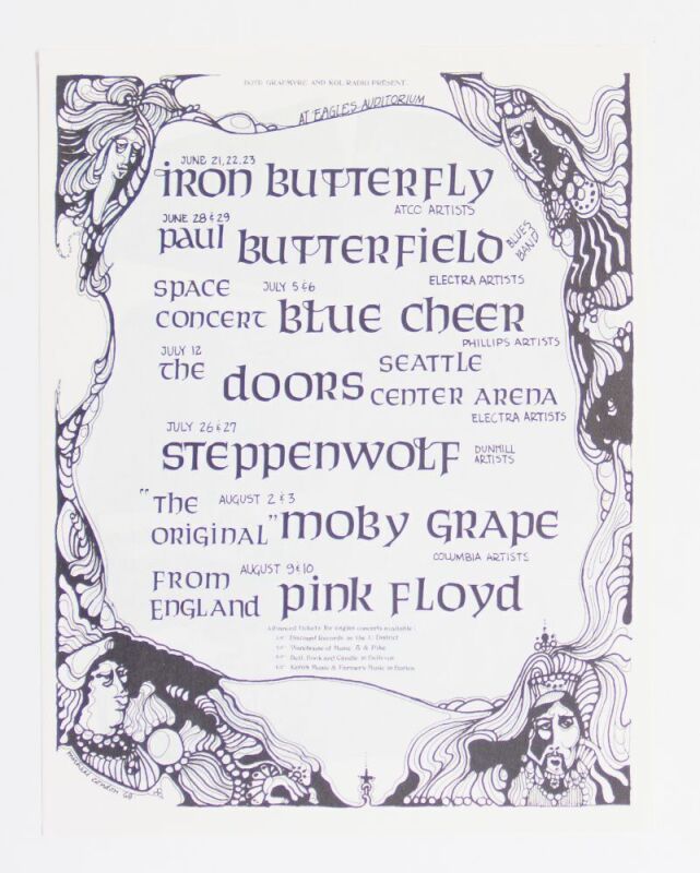 1968 The Doors Pink Floyd Iron Butterfly Eagles Auditorium Seattle Flyer Near Mint 87