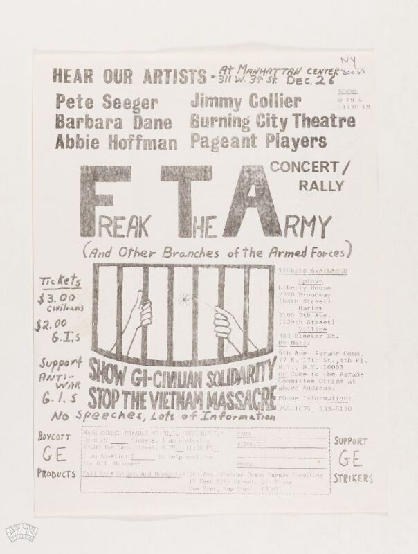 1969 Pete Seeger Abbie Hoffman Freak The Army Rally Manhattan Center New York Handbill Excellent 73