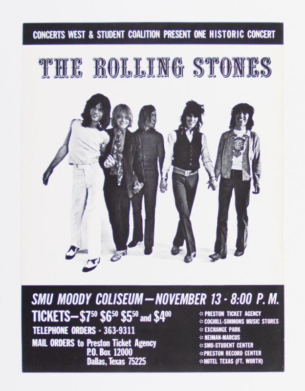 1969 The Rolling Stones SMU Moody Coliseum Dallas Poster Near Mint 85