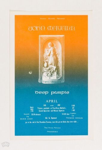 1969 John Mayall Deep Purple The Rose Palace Pasadena Handbill Near Mint 81