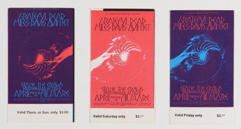 1970 BG-227 Grateful Dead Miles Davis Fillmore West Complete Set of 3 Original Tickets Near Mint 81