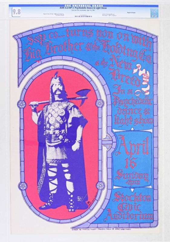 1967 AOR-3.22 Big Brother Janis Joplin Stockton Civic Auditorium RP2 Poster CGC 9.8
