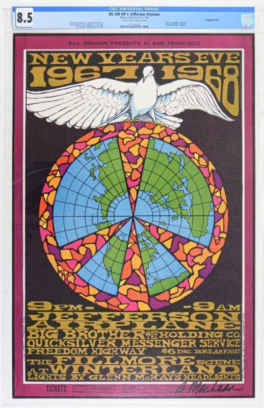 1967 BG-100 Jefferson Airplane Big Brother Janis Joplin New Years Eve Winterland Signed MacLean Poster CGC 8.5