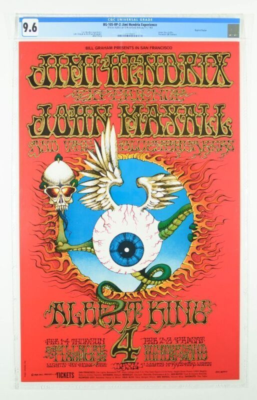 1968 BG-105 Jimi Hendrix Winterland & Fillmore Auditorium RP2 Poster CGC 9.6