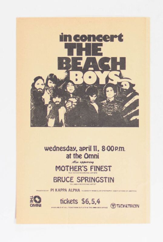 1973 The Beach Boys Bruce Springsteen The Omni Atlanta Handbill Near Mint 85