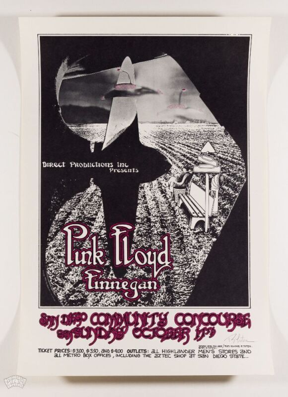 1971 Pink Floyd San Diego Community Concourse Signed Tuten Poster Mint 91