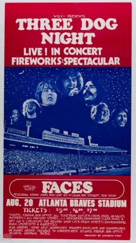1973 The Faces with Rod Stewart Three Dog Night Atlanta Braves Stadium Cardboard Poster Near Mint 87