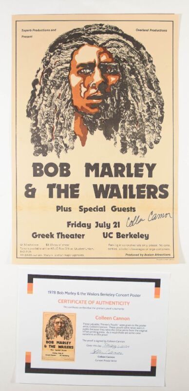 1978 Bob Marley Greek Theatre Berkeley Proof with COA Signed Cannon Poster Near Mint 87