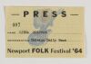 1964 Bob Dylan Newport Folk Festival Original Press Pass Near Mint 85