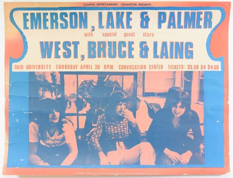 1972 Emerson Lake & Palmer West Bruce & Laing Ohio University Convocation Center Poster Extra Fine 61