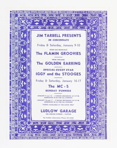 1970 Flamin Groovies MC5 Iggy & The Stooges Ludlow Garage Cincinnati Handbill Mint 91