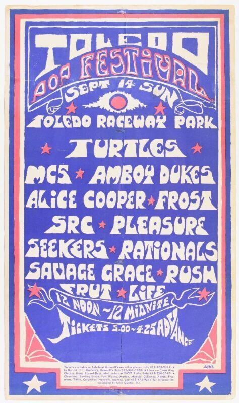 1969 The Turtles MC5 Alice Cooper Toledo Pop Festival Toledo Raceway Park Poster Extra Fine 61