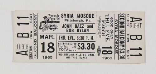 1965 Bob Dylan Joan Baez Syria Mosque Pittsburgh Unused Ticket Mint 91