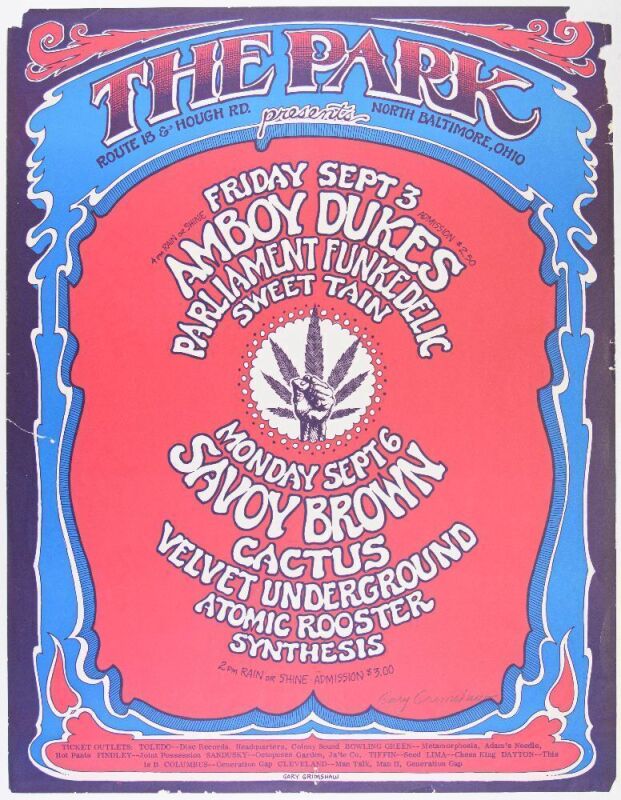 1971 Gary Grimshaw Velvet Underground Parliament Funkadelic The Park Ohio Signed Grimshaw Poster Fine 59