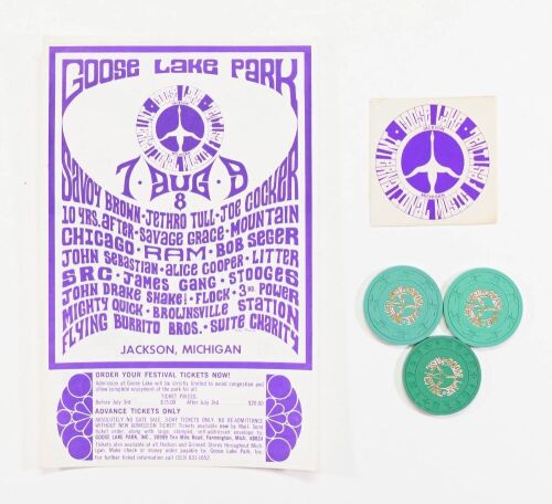 1970 G/G-700809 Alice Cooper James Gang The Stooges Goose Lake Music Festival Handbill w/ Poker Chips and Sticker Near Mint 83